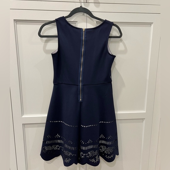 Girls Navy Dress - size 14 - pretty lace like detail at neck and hem - Picture 2 of 5